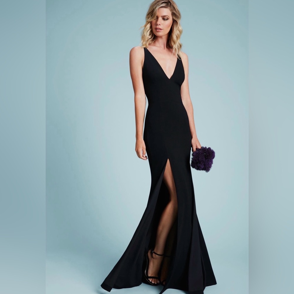 DRESS THE POPULATION Iris Black Side Slit Crepe Classic Maxi Gown Dress Sz XL - Picture 3 of 15